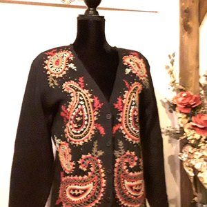 Susan Bristol Women's Cardigan Sweater with Paisley Embroidery: Size Small